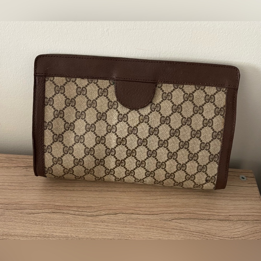 Vintage Gucci Beige GG Canvas Clutch Bag Purse Brown Trim